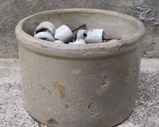 Antique Crock Filled With Antique Porcelain Knobs