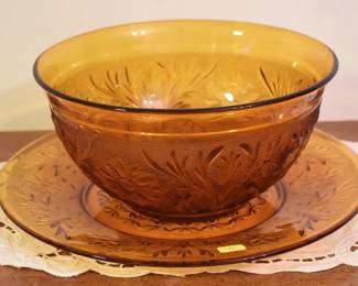 Antique Anchor Hocking Amber Glass Bowl And Platter (2)