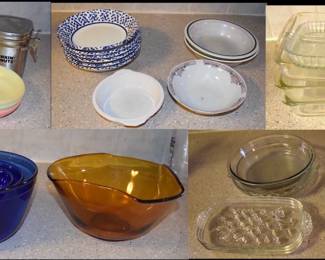 Contents Of Cabinets: Anchor Hocking Trays And Mixing Bowls, Baking Dishes, Tuberware Bowl And More