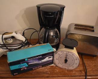 Misc. Kitchen Items Inc. A Scale, Electric Knife, Toaster And Coffee Marker.