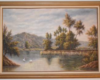 Landscape Oil On Canvas. Swans On A River. Signed P. Wilson