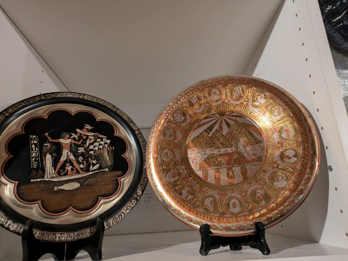 Egyptian Etched Copper Plate is the Black Plate Egyptian Copper Engraved Plate with Tin Wash