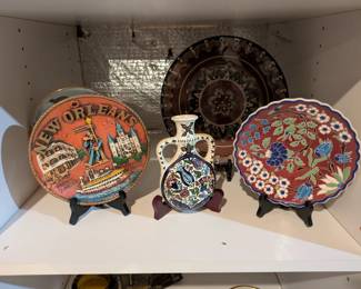 Vintage 3D Souvenir New Orleans Plate In the back of Photo Vintage Traditional Bulgarian Ceramic Hand Made Plate Plate in the front of the photo Vintage Isnik Turkish Style Ceramic Plate