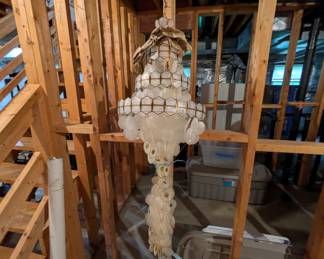 Vintage Windcatcher Chandelier made from Capiz Shells with Gold Trim, Circa 1960's -1970's 4 Feet Long