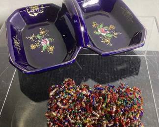 Beaded Bracelet And Combat Blue Rose Double Side Handle Candy DishTray