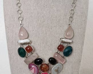 Multi Colored Stone Necklace Plated In 925 Silver