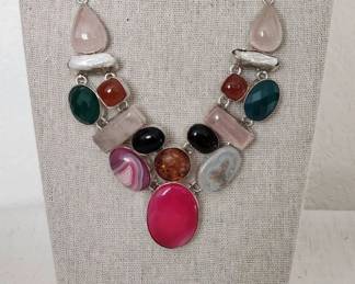 Multi Colored Stone Necklace Plated In 925 Silver