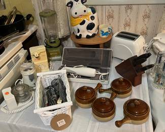 Vintage mixer, Vintage can opener, Vegetable choppers, toaster, electric, carving, knife, cookie jar, soup, bowls with lids and utensils.
