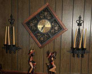 Vintage clock Vintage candlestick, scones and vintage ceramic figurines.