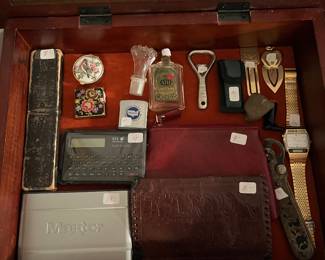 Vintage engineer ruler, vintage pill boxes Gold, plated, bookmarks, vintage wallet, and more.
