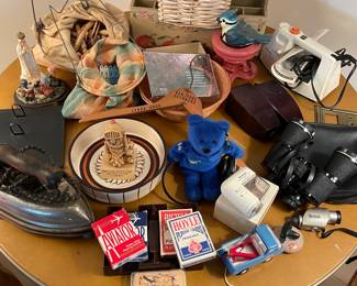 Antique iron, clothespins, cards, Tonka truck