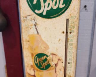Vintage 1940's Green Spot Orange Soda Advertising Metal Sign Thermometer 25.5" x 10"