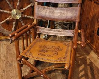 Vintage Brown Leather Campaign Style COSTA Rican Folding Rocking Chair Rocker
