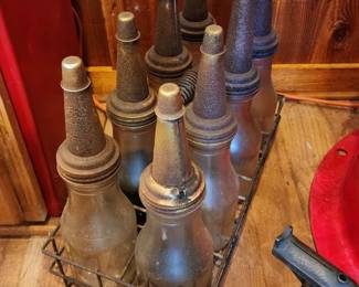 Mid-Century Glass Motor Oil Bottles with Spouts & Metal Carrier