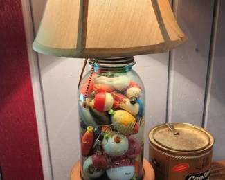 Glass Table Lamp filled with fishing bobbers