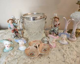 Lady Head Vases, Vintage Ice Bucket, pair of ornate candelabra
