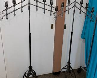 STUNNING Antique 1920s Gothic French Iron Floor Candelabras W/ Adjustable Arms