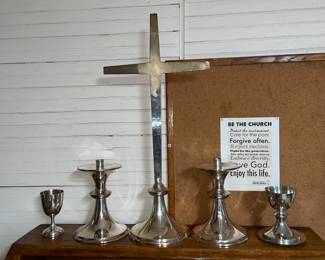 OVERSIZED Silver Toned Cross, Candlestick Holders, & 2 Chalice Cups Altar Set