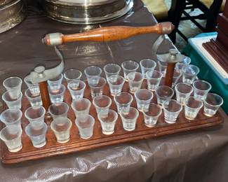 Antique Wooden Communion Tray W/ Wood Handle & Glasses