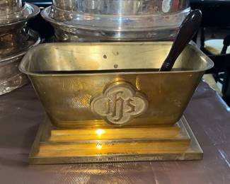 Vintage Brass Holy Water Receptacle W/ Aspergillum