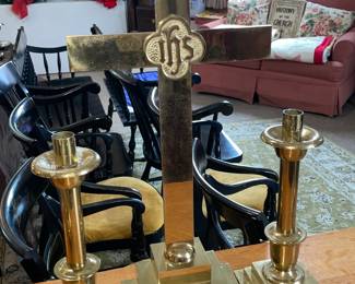 Altar Set W/ Large Brass Cross & 2 Candlestick Holders