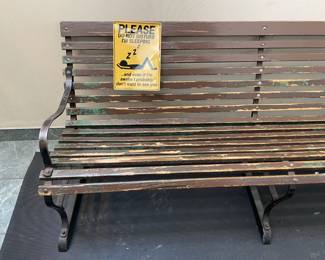 ORIGINAL Antique Street Used Bus Stop Wooden Slotted Bench W/ Metal Arms, Metal Legs, & Sleeping Sign