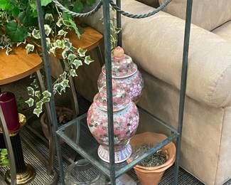 Green Cast Iron End Pedestal Table W/ Glass Shelves