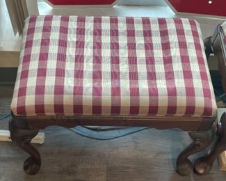 Red & Tan Plaid Upholstered Foot Stools W/ Carved Wooden Legs - 2 Available