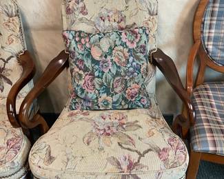 Wood Arm Chairs W/ Floral Needlepoint Upholstered Back & Seat Cushions
