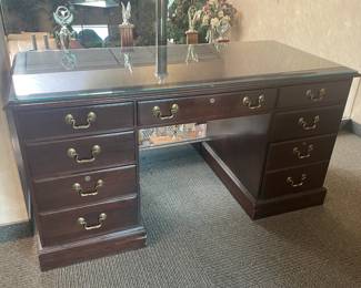 Executive Wooden Desk W/ Brass Hardware & Glass Top (Ethan Allen) - 2 Available