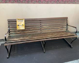 ORIGINAL Antique Street Used Bus Stop Wooden Slotted Bench W/ Metal Arms, Metal Legs, & Sleeping Sign