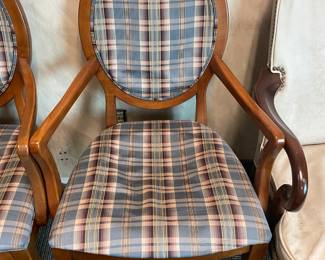 Wood Arm Chairs W/ Plaid Upholstered Back & Seat Cushions