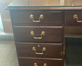 Executive Wooden Desk W/ Brass Hardware & Glass Top (Ethan Allen) - 2 Available