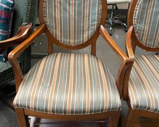 Wood Arm Chairs W/ Green & Gold Striped Upholstered Back & Seat Cushions
