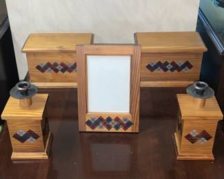 Decorative Wood 5 Piece Set (2 Boxes, 1 Frame, & 1 Candlestick Holder Set)