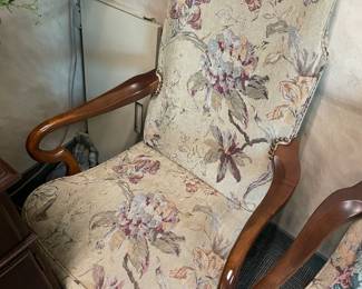 Wood Arm Chairs W/ Floral Needlepoint Upholstered Back & Seat Cushions