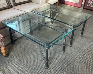 Green Cast Iron Ornate End Tables W/ Glass Top - 2 Available