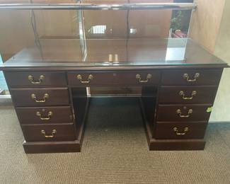 Executive Wooden Desk W/ Brass Hardware & Glass Top (Ethan Allen) - 2 Available