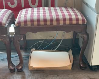 Red & Tan Plaid Upholstered Foot Stools W/ Carved Wooden Legs - 2 Available