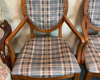 Wood Arm Chairs W/ Plaid Upholstered Back & Seat Cushions