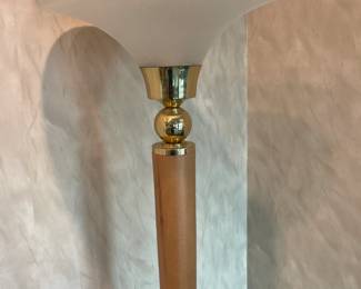 Pair Of 2 Blonde Wood Torchiere Lamps W/ Glass Shade & Brass Base