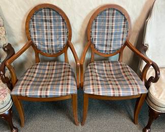 Wood Arm Chairs W/ Plaid Upholstered Back & Seat Cushions