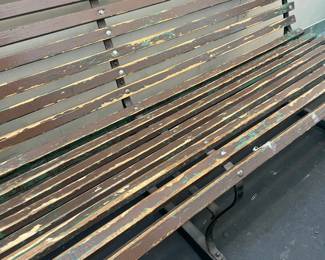 ORIGINAL Antique Street Used Bus Stop Wooden Slotted Bench W/ Metal Arms, Metal Legs, & Sleeping Sign