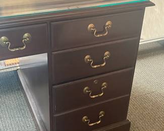 Executive Wooden Desk W/ Brass Hardware & Glass Top (Ethan Allen) - 2 Available