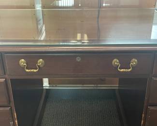 Executive Wooden Desk W/ Brass Hardware & Glass Top (Ethan Allen) - 2 Available