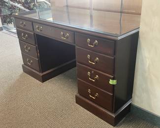 Executive Wooden Desk W/ Brass Hardware & Glass Top (Ethan Allen) - 2 Available
