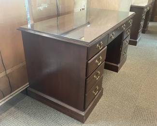 Executive Wooden Desk W/ Brass Hardware & Glass Top (Ethan Allen) - 2 Available