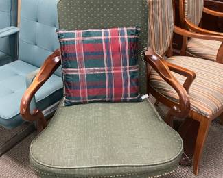 Wood Arm Executive Rolling Office Chair W/ Green Upholstered Back & Seat Cushions