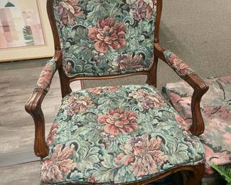 Pink & Green Floral Embroidered Wooden Arm Chair