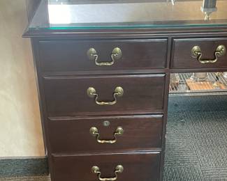 Executive Wooden Desk W/ Brass Hardware & Glass Top (Ethan Allen) - 2 Available